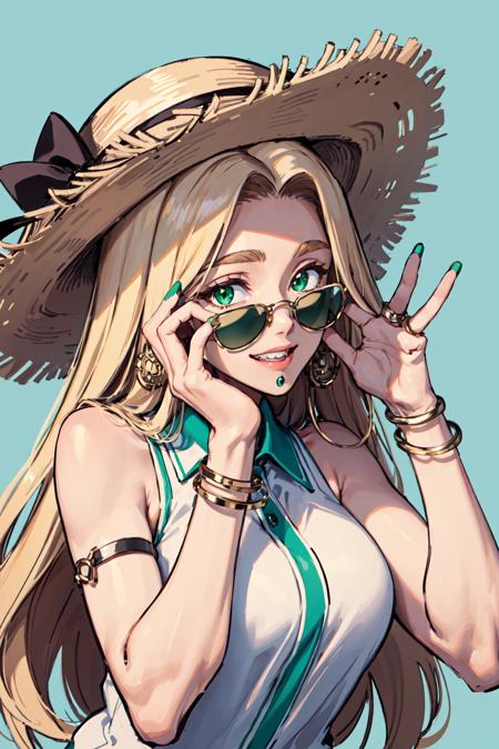 01424-2646308853-,_1girl, solo, long hair, looking at viewer, smile, blonde hair, simple background, shirt, hat, jewelry, green eyes, upper body,.png
